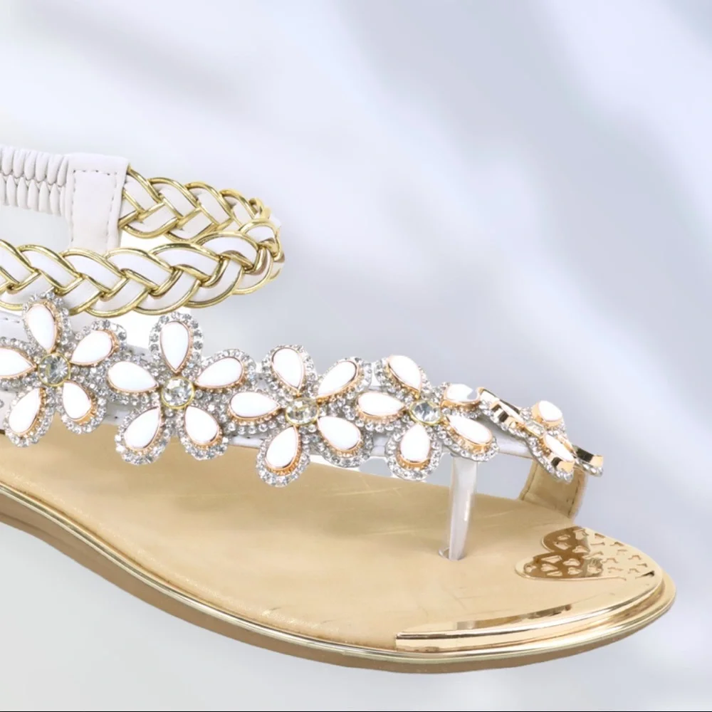 Toe Ring White Floral Rhinestone Embellished Woven Gold Sparkle Flat Sandal - Picture 3 of 11